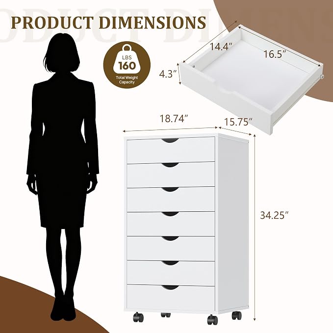 7 Drawer Mobile File Cabinet with Wheels, Office Storage Drawers, White | 7 Drawers Mobile File Cabinet with Wheels for Office Storage, Under Desk Organization and Printer Stand - Image 3