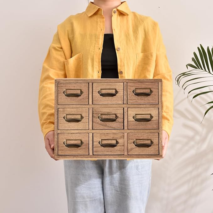 KIRIGEN Wooden Desk Organizer with 9 Drawers, Storage Cabinet, Brown | Solid Wood Desktop Organizer with Metal Label Handles for Office Supplies, Crafts, Tea Bags, Makeup, Fully Assembled - Image 2