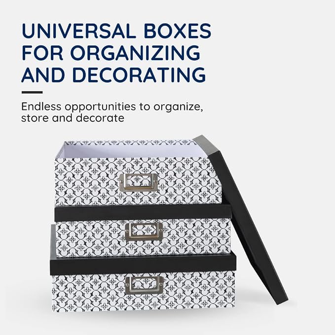 Soul & Lane - Black and White Jumbo Scrapbook Storage Boxes, Set of 3 | Large Decorative Document Box Set with Lids for Organizing Keepsakes and Memories, Wide Cardboard Photo Organizers - Image 2