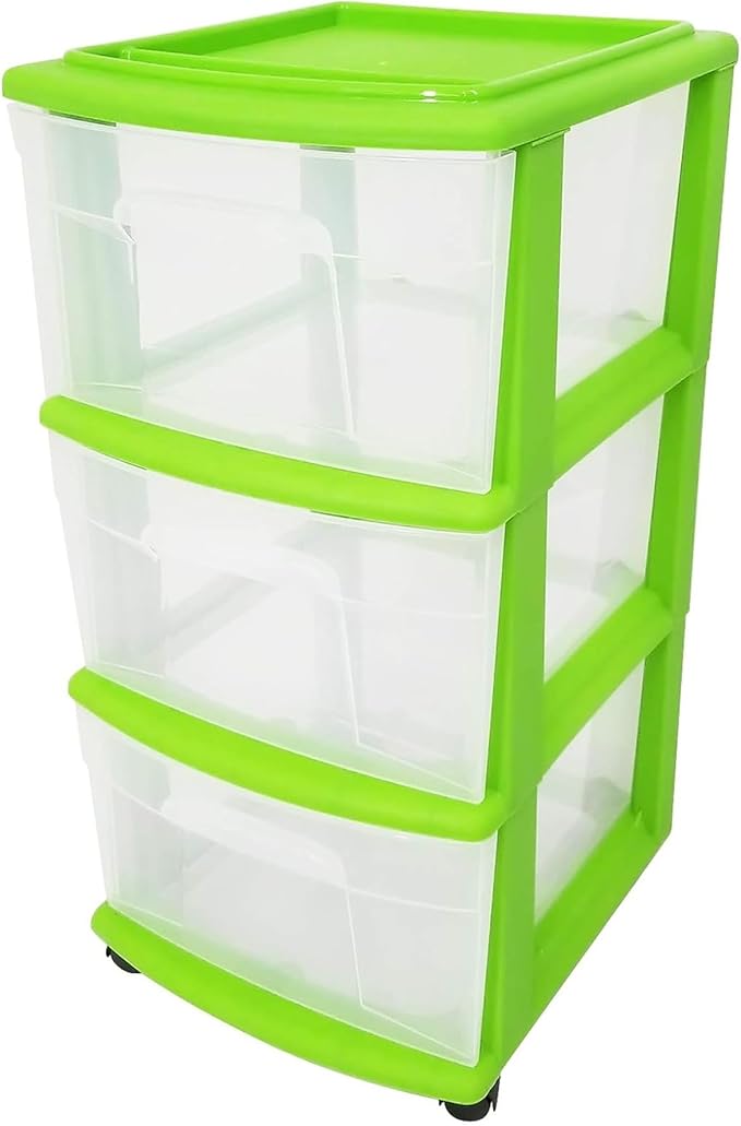 HOMZ Drawer Tower, 3-Tier Clear Plastic Storage Organizer Cart, Bold Lime Frame - Rolling Drawer Containers with Wheels for Bathroom, Bedroom, Office, and Classroom Organization by Homz