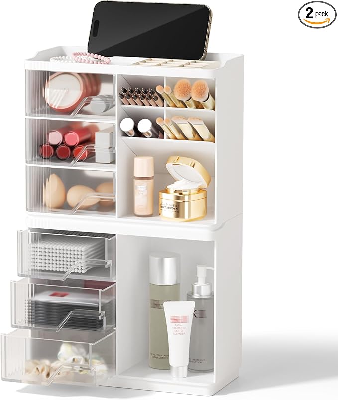 Small Makeup Organizer with Drawers, Stackable Bathroom Couneter Organizer with Phone Holder, Versatile Vanity Organizer Countertop, Cosmetic Organizer for Makeup Brush, Skin Care, Lotion -White,2Pack by FULLMEET