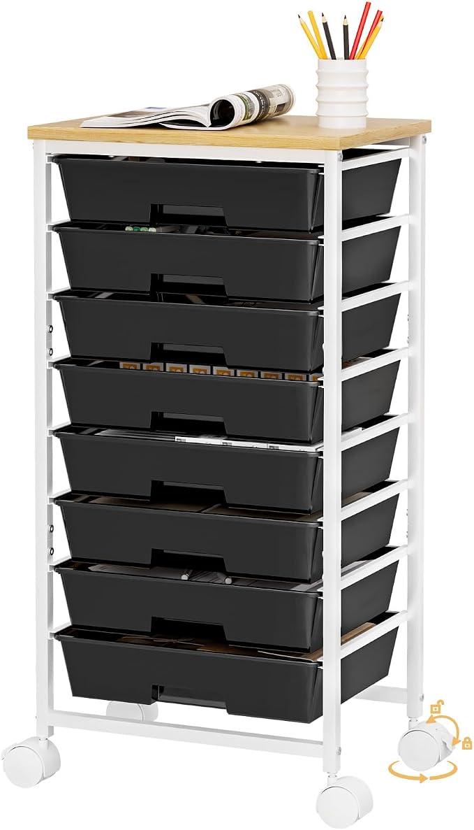 Homde Rolling Storage Drawer Cart: 8-Drawer Sort to Clear Desk & Dresser Clutter - Anti-Fall Smooth Glide Prevents Spill-Out During Daily Grab - Lockable Wheels Keep It Steady by Homde