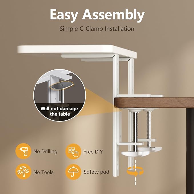 3 in 1 Clamp-on Desk Extender Shelf, 15.7×7.5 Inch, White | Adjustable Desk Riser for Monitor & Keyboard, Heavy-Duty Side/Top Desk Organizer Shelf, Desktop Storage for Office Supplies - Image 9