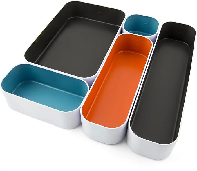 Three by Three Seattle Metal Drawer Organizer Tray Set, 5-Pc (Multicolor) | Deep 2" food-safe metal bins; soft non-scratch base; perfect for kitchen utensils, tools & bulkier drawer items by ThreebyThreeSeattle