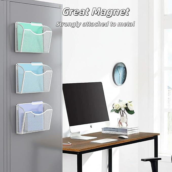MINDEPOT Magnetic Wall File Organizer, Hanging File Holder, 3 Pack, White | Heavy Duty Iron, Powerful Magnet, Metal Mesh Wall Mount, Single Pocket, for Office School Classroom Home, Letter A4 Size - Image 7