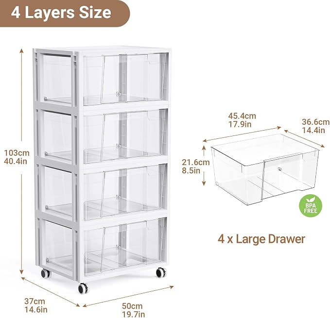 Stackable Storage Drawer Carts, Extra Large Bins 4 Tier 4 Drawers | Smooth Pull-Out Drawers, Clear Plastic Storage Organizer Container For Home Office Bedroom Bathroom Art Crafts Under Desk - Image 2