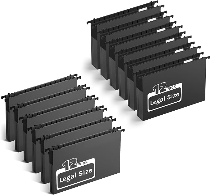 Ansook 24 Pack Plastic Legal Hanging File Folders,1” & 2" Expanding Accordian Pocket,Heavy Duty for Filing Cabinet,Insertable Tabs,Black Legal Size Hanging Folders,Hard and Durable Hang Folders,Black by Ansook