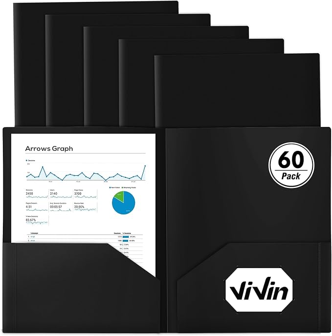 ViVin 60-Pack Black Plastic Folders with Pockets, 8.5 x 11 Inch Letter Size, Modern Style, 2 Pocket Folders for School, Home, Office by ViVin