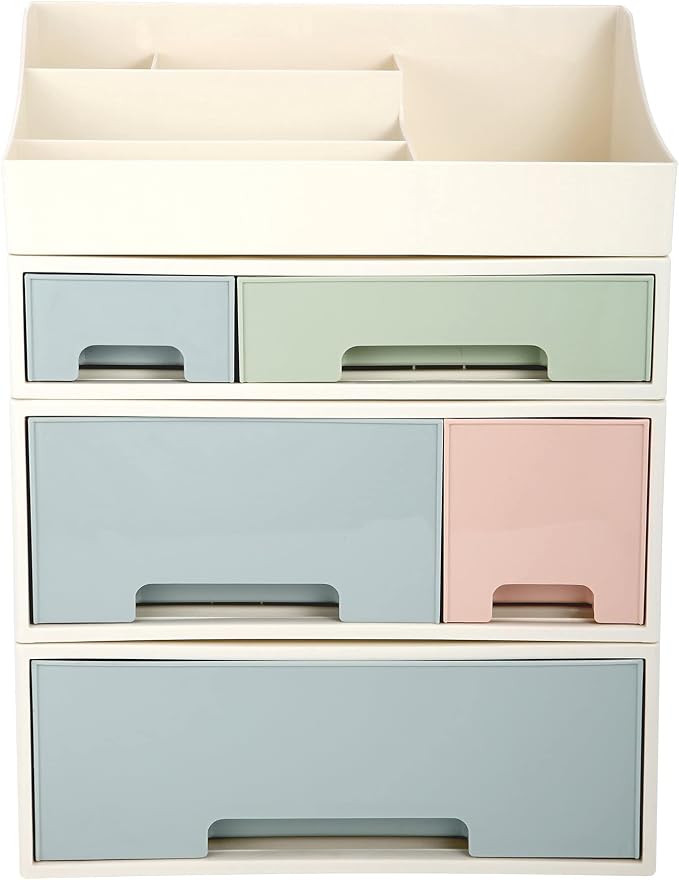 Cosmetic Storage Box, Makeup Organizer, [TADF-03] Desktop Stationery, Remote Control Storage Box, Kitchen Spices Organizer Box, 4 Pieces 5 Drawers, 5 Slots, Blue, Pink and Green Assortment by ROSELIFE