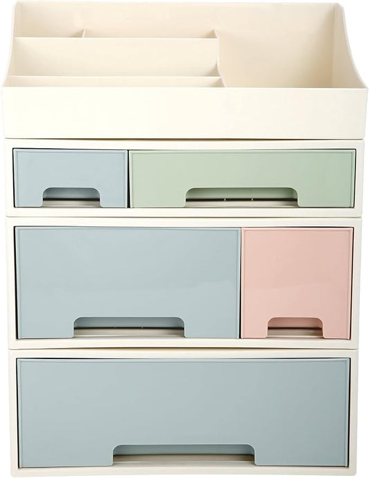 Cosmetic Storage Box, Makeup Organizer, [TADF-03] Desktop Stationery, Remote Control Storage Box, Kitchen Spices Organizer Box, 4 Pieces 5 Drawers, 5 Slots, Blue, Pink and Green Assortment by ROSELIFE