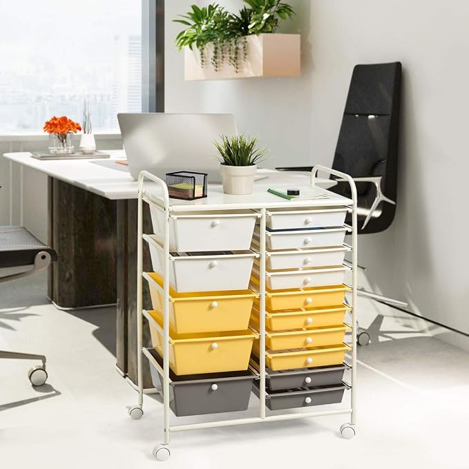 Giantex 15-Drawer Organizer Cart Office School Storage Cart Rolling Drawer Cart for Tools, Scrapbook, Paper (Yellow) - Image 2