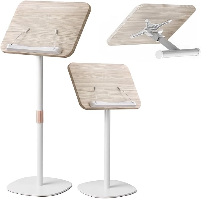 2-in-1 Floor Music Stand & Desktop Book Stand, 16.5"–51" Height Adjustable | Premium Wood Panel, Floor Reading Stand with Page Clip for Sheet Music, Cookbooks & Projector (White, 10" x 15" Panel) by NAMON