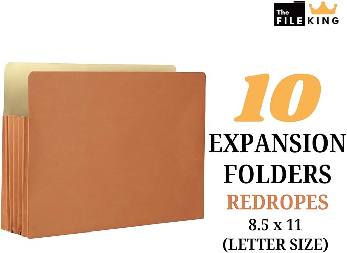 The File King 3.5" Expanding Accordion File Folder, Letter Size, Box of 10 | Red Rope Exterior | Manila Interior | Straight-Cut Tab | Fits 8.5" x 11" Documents | Made in USA - Image 2