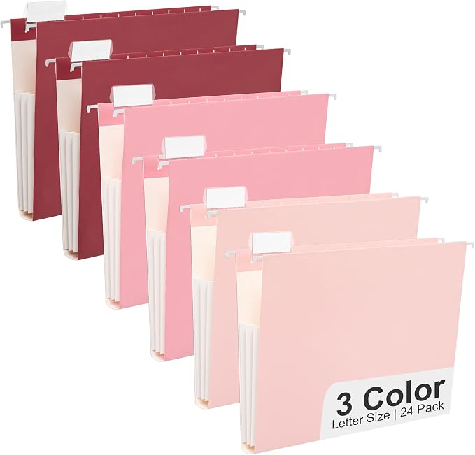 Y YOMA Letter Size - 24 Pack Extra Capacity Hanging File Folders Accordion Decorative Reinforced File Folder Cute Colored Expandable Folder for Office Home with 1/5-Cut Adjustable Tabs, Cute Pink by YYOMA