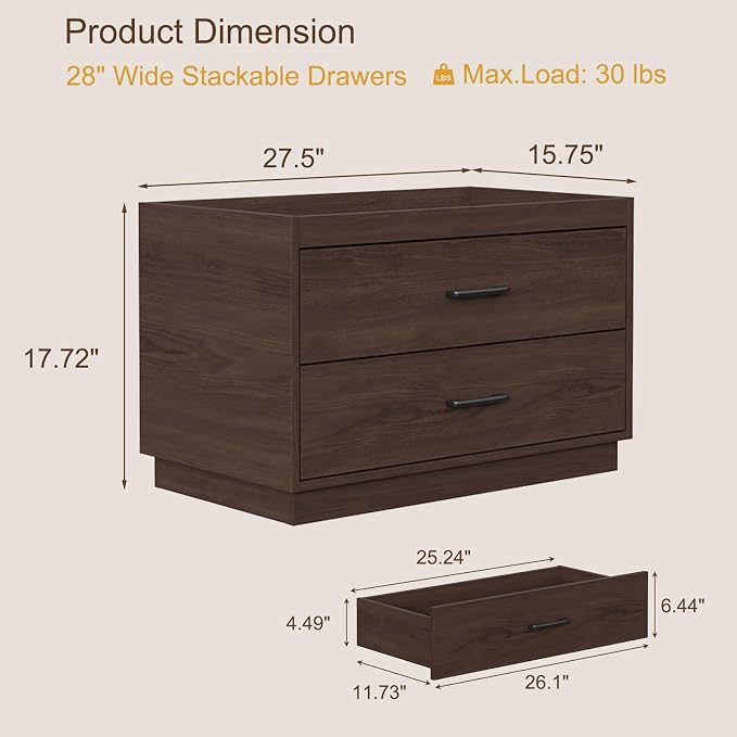 Stackable Storage with 2 Drawers, 28"W Storage Bins for Closet Organizers | Wood Stackable Closet Organizer Modern Large Stackable Storage Units for Living Room Hallway Bedroom, Brown - Image 3
