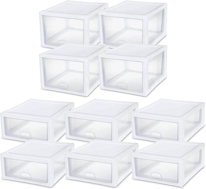 Sterilite Stackable Drawer Organizers 27 Quart, 4-Pack and 16 Quart, 6-Pack | White Frame - Large Plastic Storage Drawers for Closet, Dresser, Cabinet, Bedroom, Pantry, and Bathroom Organization by Sterilite