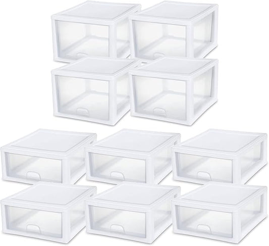 Sterilite Stackable Drawer Organizers 27 Quart, 4-Pack and 16 Quart, 6-Pack | White Frame - Large Plastic Storage Drawers for Closet, Dresser, Cabinet, Bedroom, Pantry, and Bathroom Organization by Sterilite