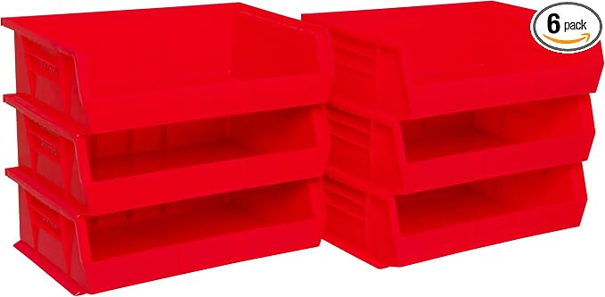 Akro-Mils 30255 AkroBins Plastic Storage Bins, 11"x16"x5", Red, 6-Pack | Space-Saving Stackable Bins for Garage, Pantry, Craft Organization by Akro-Mils