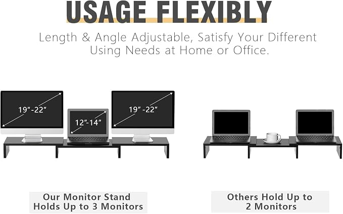 TAVR Monitor Stand Riser, Office Desktop Organizer Stand for 2 Monitors | Adjustable Length and Angle 3 Shelf, Extra Long Multifunctional Wooden Stand up to 43.3" fit Computer, Laptop, TV, Black - Image 4