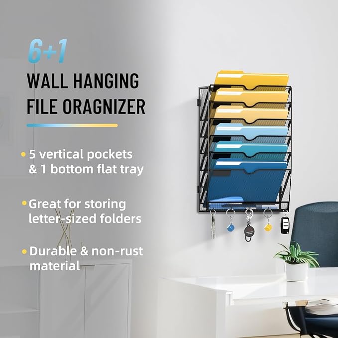 7-Tier Hanging Wall File Organizer with Hooks, 2 Pack | Mesh Wall File Holder, Mail Organizer Wall Mounted for Papers, Documents, Folders and Magazines in Home Office, Classroom - Image 2