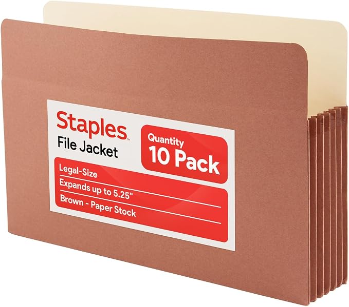 Staples Reinforced File Pockets, Legal Size, 5.25‑Inch Expansion, Heavy‑Duty Brown Accordion Folders with Strong Gussets – 10/Pack | Heavy-duty brown accordion folders with strong gussets for bulky files. by Staples