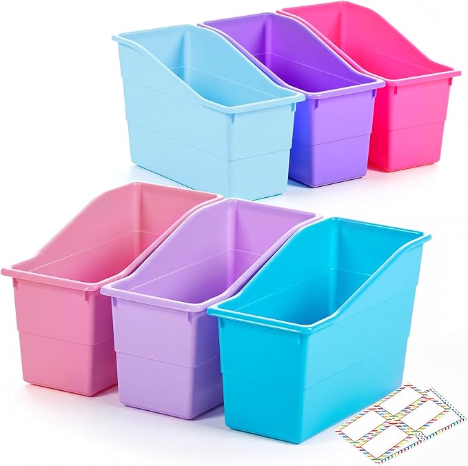Blosssound 6 Set Book Bins for Classroom with Label Sticker Book Box Baskets Plastic Stackable Organizing Bins Storage & Organization for Classroom Library Home School Supplies (Purple Pastel) by Blosssound