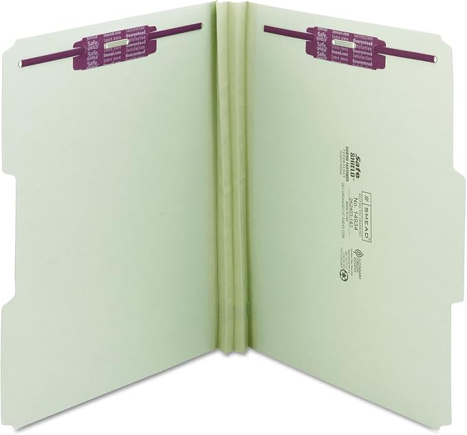 Smead Pressboard Fastener File Folder with SafeSHIELD, 1/3 Cut Tab, 51 Mm Expansion, Letter Size, Gray, Green, 25 Count, 14934 - Image 2