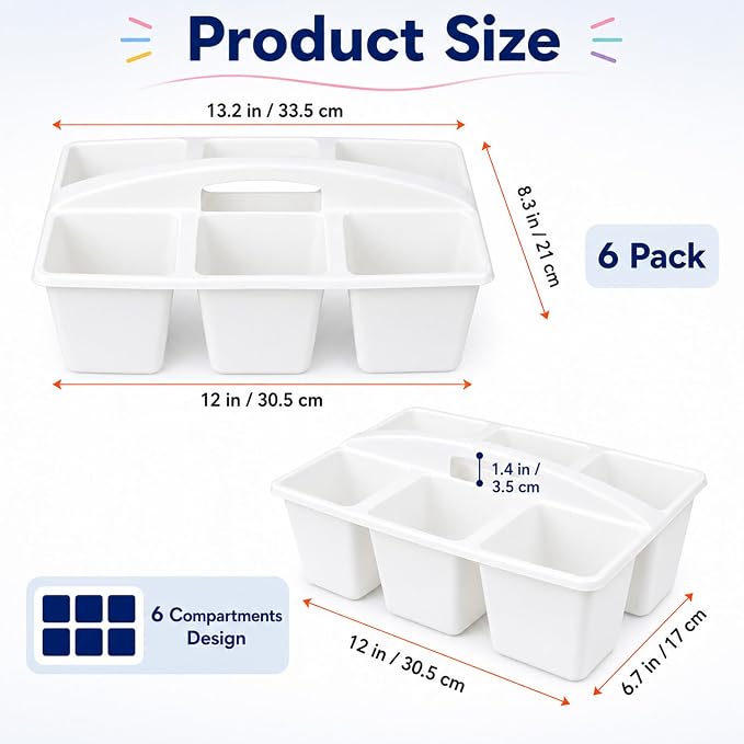 6 Pack Assorted Colors 6 Compartment Classroom Caddy with Handle Portable Plastic Storage Classroom Caddies Organizer for Classrooms Supply Teacher Office Table Desk(White) - Image 2