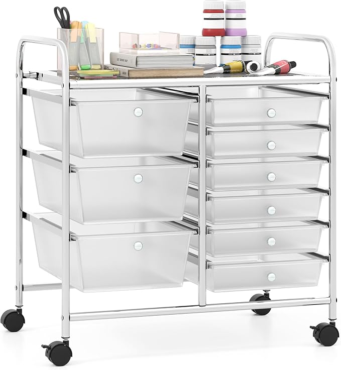 Giantex 9 Drawers Rolling Cart, Classroom Organizers, Storage Cart with Wheels, for Teacher Office Home School Supplies Tool Craft Art Paper, Clear by Giantex