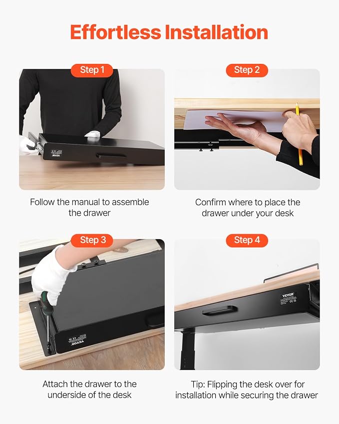 VEVOR Under Desk Drawer Slide Out, 22 inch Under Desk Mounted Pull-out Drawer Attachment, Hidden Under Counter Drawers for office Home Sit Stand Workstation, Black - Image 7