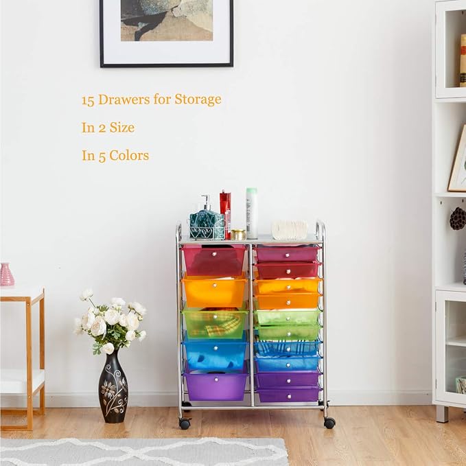 Giantex 15 Drawer Rolling Storage Cart Tools Scrapbook Paper Office School Organizer, Multicolor - Image 4