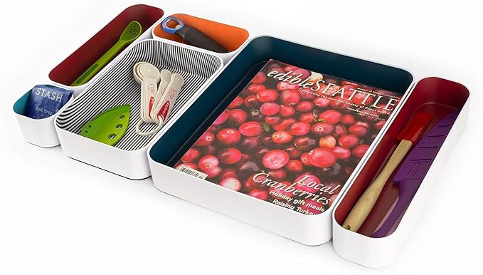 Three by Three Seattle Metal Drawer Organizer Tray Set, 6-Pc (Berry Mix) | Deep 2" food-safe colorful metal bins; soft non-scratch base; kitchen, vanity, bathroom & office drawer storage - Image 3