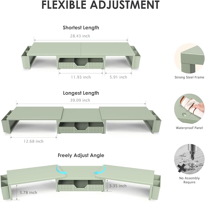 Desk Organizers and Accessories, Dual Monitor Stand Riser with Drawer and 2 Pen Holders, Desk Shelf Computer Monitor Stand for Office Workspace Organizers, Desktop Organization (Sage Green) - Image 3