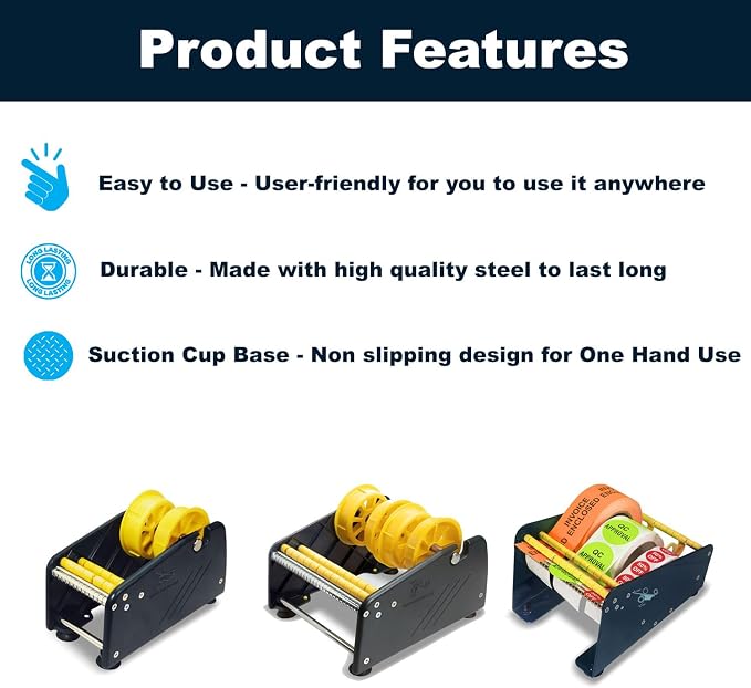 MDJ by Excell Manual Label Sticker Dispenser with 4 Suction Cups Base for Tabletop, Adjustable holder for multiple rolls for Office, Home, School, Warehouse, Easy Peel Off, Fits up to 6.5" Wide Labels - Image 2