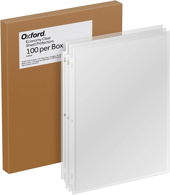Oxford Sheet Protectors, Clear Finish, Page Protectors for 3 Ring Binder,Top Load, Letter Size Plastic Sleeves, Reinforced 3 Hole Punch for Binders, 100 per Box (33267) by Oxford