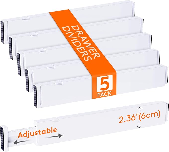 Lifewit 2.36" Upgrade Kitchen Drawer Dividers, Adjustable Drawer Organizer | 16"-22" Expandable White Drawer Separator for Clothes/Utensils, Dresser/Cabinet/Closet/Nursery Organization & Storage, 5 Pack by Lifewit