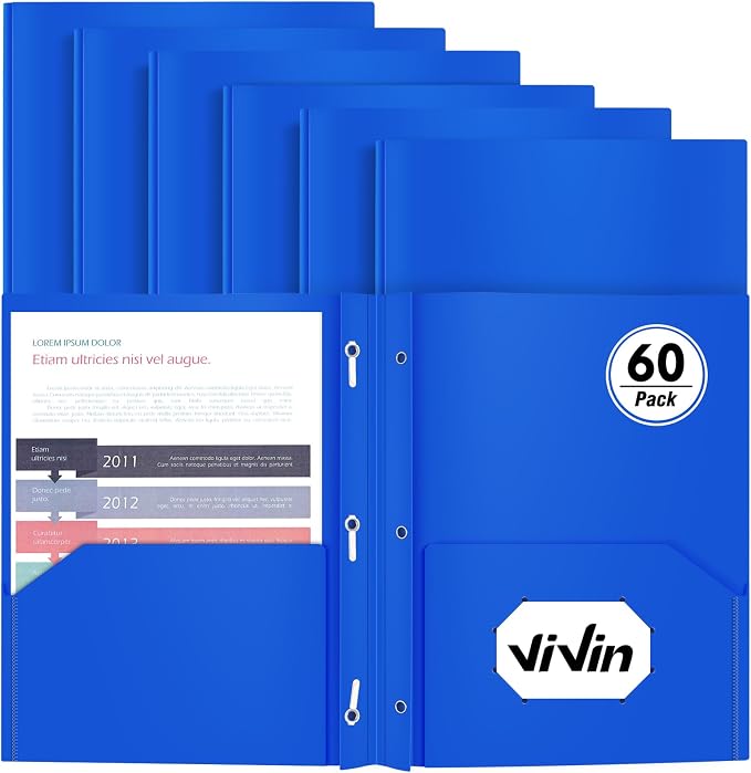 Heavy Duty Plastic Folder, 60 Pack, Pocket Folder with brads, Letter Size Poly File, Plastic Folders with 3 Prongs Fasteners - Blue by ViVin