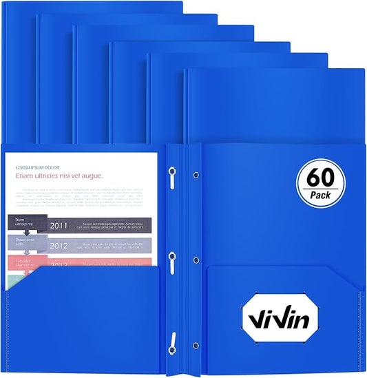 Heavy Duty Plastic Folder, 60 Pack, Pocket Folder with brads, Letter Size Poly File, Plastic Folders with 3 Prongs Fasteners - Blue by ViVin