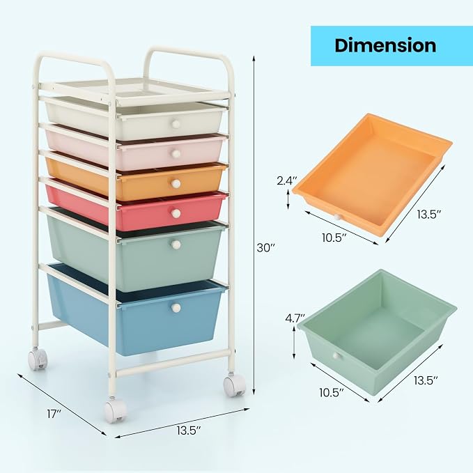 COSTWAY 6-Drawer Rolling Storage Cart, Art Craft Tools Organizer on Wheels | Multifunctional Heavy Duty Utility Mobile Storage Trolley w/ 2 Lockable Wheels for Home Office School (Macaron) - Image 3