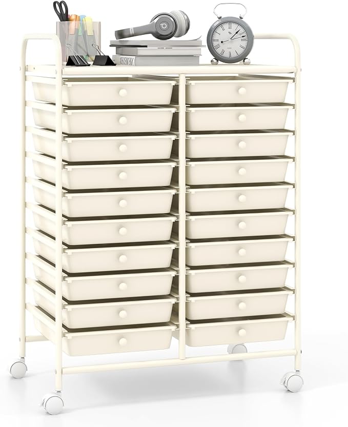 Giantex 20 Drawers Rolling Cart, Mobile Storage Drawer Cart, Classroom Organizer for Office School Supplies Tools Scrapbook Paper Craft Small Printer, Utility Stand on Wheels, Ivory White by Giantex