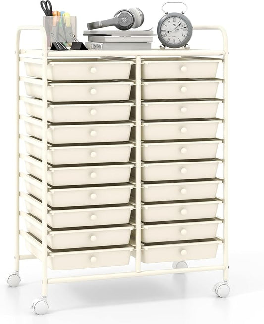 Giantex 20 Drawers Rolling Cart, Mobile Storage Drawer Cart, Classroom Organizer for Office School Supplies Tools Scrapbook Paper Craft Small Printer, Utility Stand on Wheels, Ivory White by Giantex