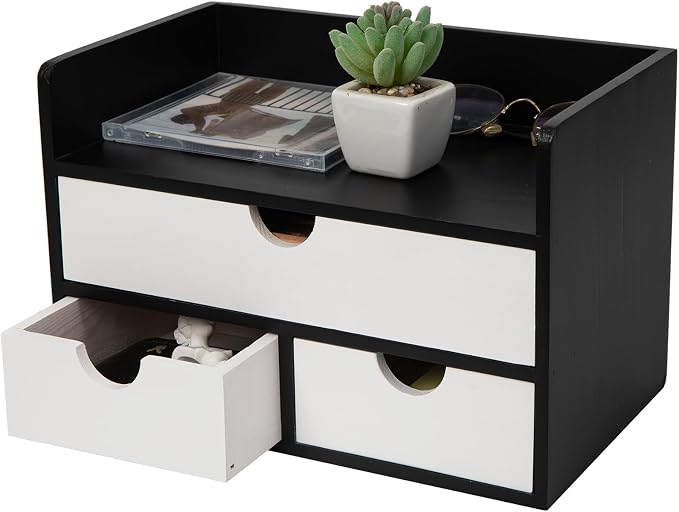 Rustic Wood Desk Organizer with Drawers,3-Drawer Desktop Storage Box | Two-Tone Black & White‌ 3 Drawers Shelf Pens, Notes, Makeup, Jewelry & Toiletries for Office, Bath Vanity Office Supplies by VERGOODR