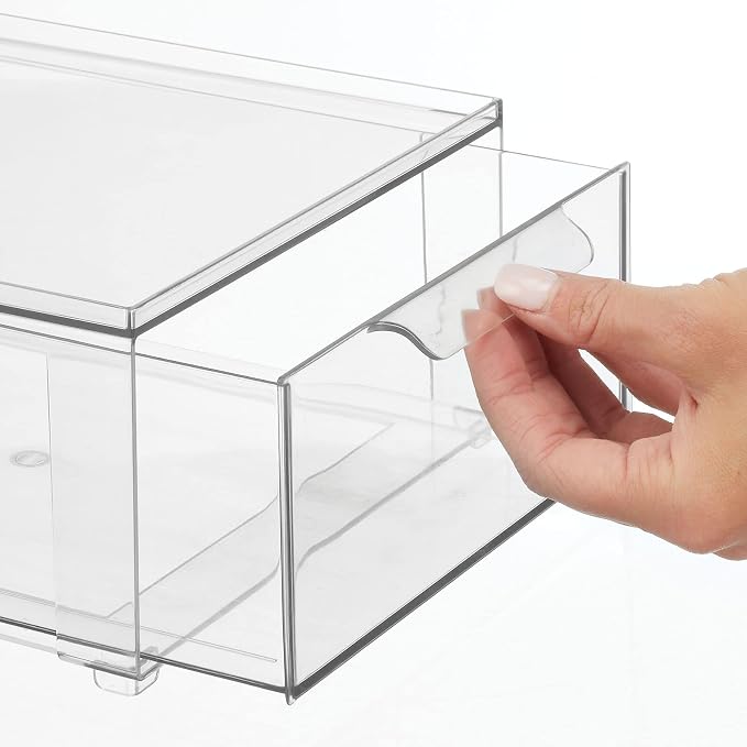 mDesign Plastic Stackable Closet Storage Organizer Bin Containers with Front Pull Drawer for Cabinet, Desk, Shelf, Cupboard, or Dresser Organization - Lumiere Collection - Set of 3 - Clear - Image 7