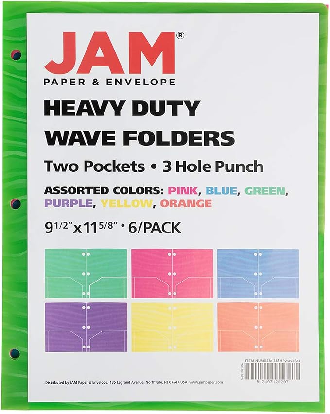JAM PAPER Heavy Duty Plastic 3 Hole Punch Pocket Folders - Extra Tough School Folders - Assorted Wave Colors - 6/Pack - Image 2