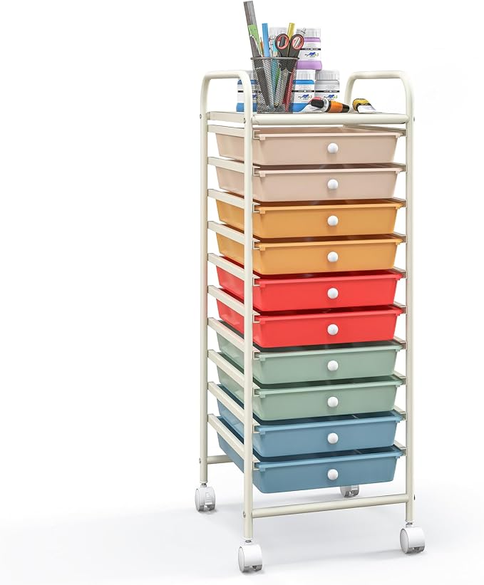 Giantex 10-Drawer Rolling Storage Cart w/Wheels, Handle, Removable Drawers, Mobile Organizer Storage Unit, Trolley Utility Cart for Home Kitchen Makeup Living Room Office Play Room - Image 9