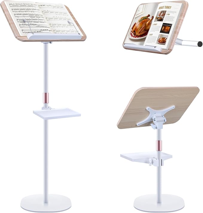 2 in 1 Dual-use Music Stand & Desktop Book Stand, Adjustable Height 16.5"-51", 100% Solid Wood Laptop Floor Stand Book Holder with Elastic Page Clips for Cookbooks (White with Tray) by Unknown