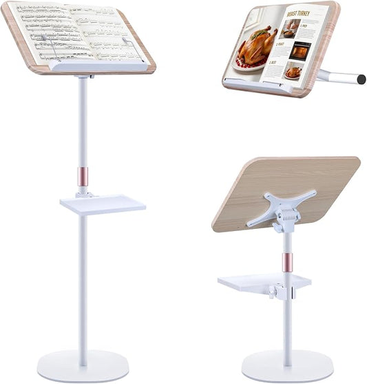 2 in 1 Dual-use Music Stand & Desktop Book Stand, Adjustable Height 16.5"-51", 100% Solid Wood Laptop Floor Stand Book Holder with Elastic Page Clips for Cookbooks (White with Tray) by Unknown