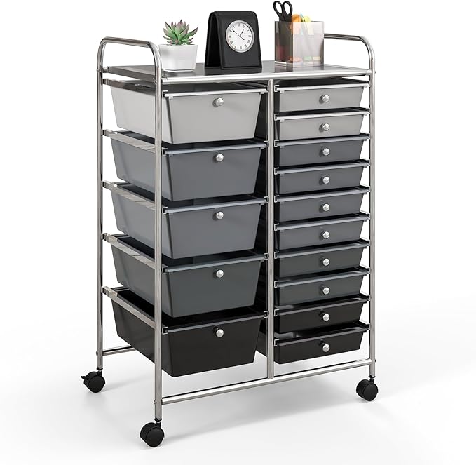 GOFLAME 15-Drawer Rolling Storage Cart, Craft Storage Cart with Removable Drawers & Lockable Wheels, Art Cart Supply Storage Organizer for Home Office Classroom, Gray Gradient by GOFLAME
