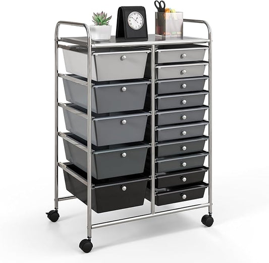 GOFLAME 15-Drawer Rolling Storage Cart, Craft Storage Cart with Removable Drawers & Lockable Wheels, Art Cart Supply Storage Organizer for Home Office Classroom, Gray Gradient by GOFLAME