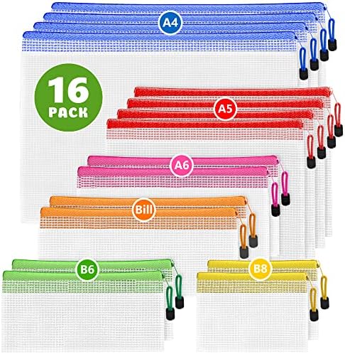 16 Pack Assorted Sizes Plastic Mesh Zipper Pouches for Storage & Organize Board Games - Puzzles - Documents - Bills - School and Office Supplies - Travel - Makeup - Multisize Mesh Zipper Pouch by Juzari